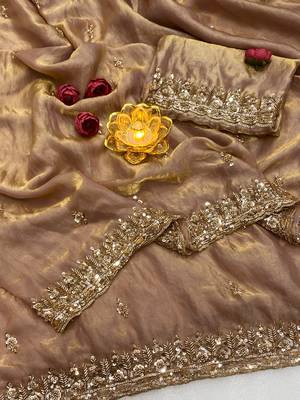 Cream Color Beeds Work Silk Blend Saree 2