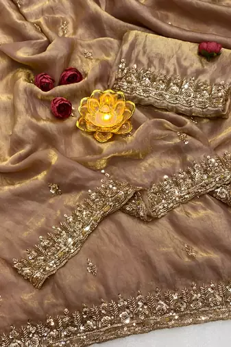 Cream Color Beeds Work Silk Blend Saree