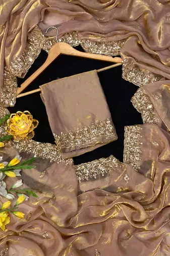 Cream Color Beeds Work Silk Blend Saree