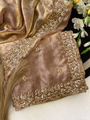Cream Color Beeds Work Silk Blend Saree 4