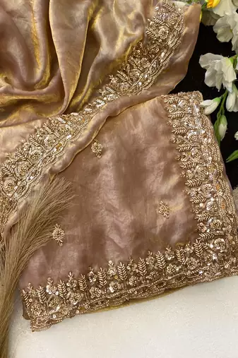 Cream Color Beeds Work Silk Blend Saree