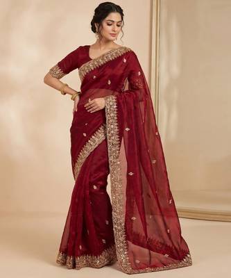 Maroon Color Beeds Work Silk Blend Saree 1