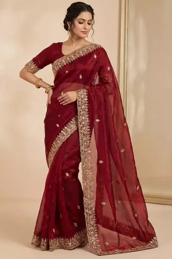 Maroon Color Beeds Work Silk Blend Saree