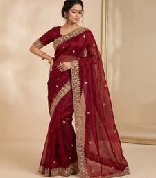 Maroon Color Beeds Work Silk Blend Saree