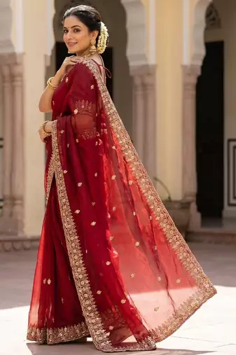 Maroon Color Beeds Work Silk Blend Saree