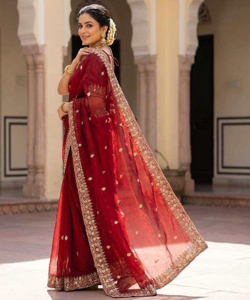 Maroon Color Beeds Work Silk Blend Saree