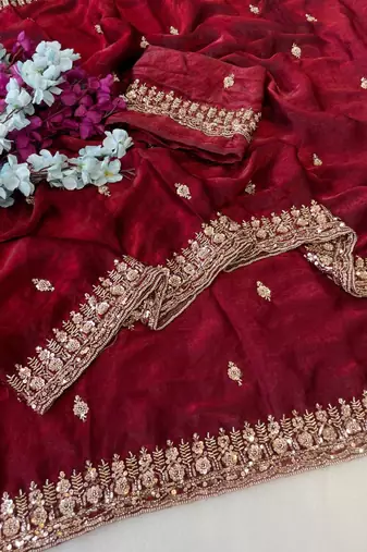 Maroon Color Beeds Work Silk Blend Saree