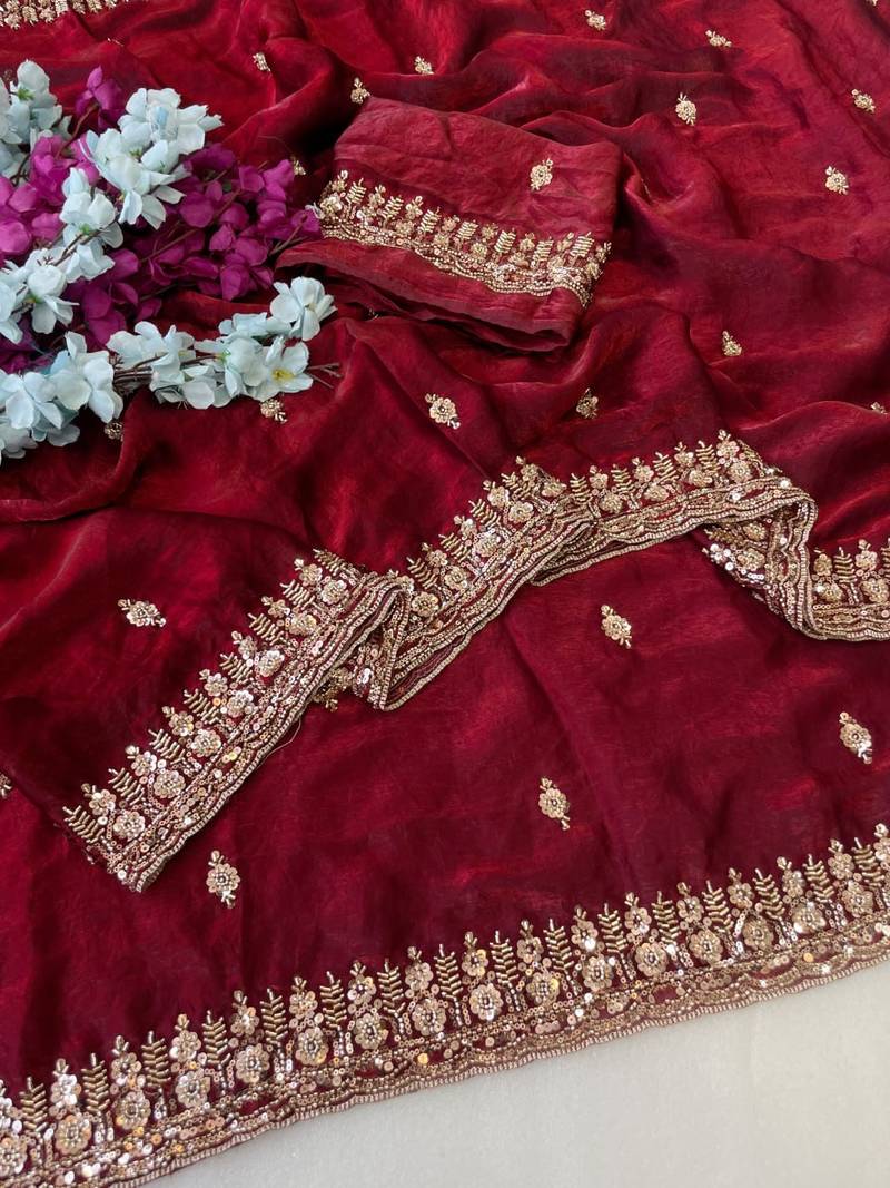 Maroon Color Beeds Work Silk Blend Saree