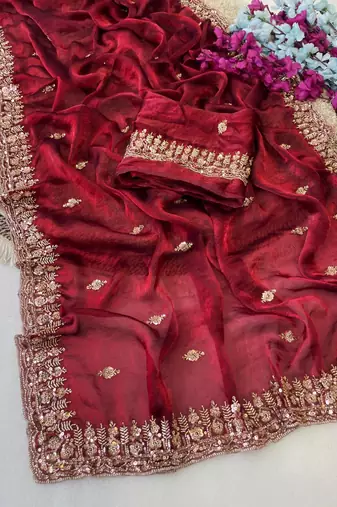Maroon Color Beeds Work Silk Blend Saree