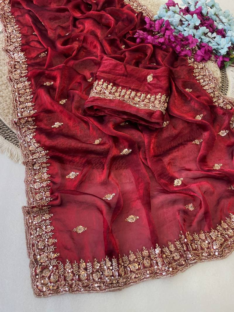Maroon Color Beeds Work Silk Blend Saree
