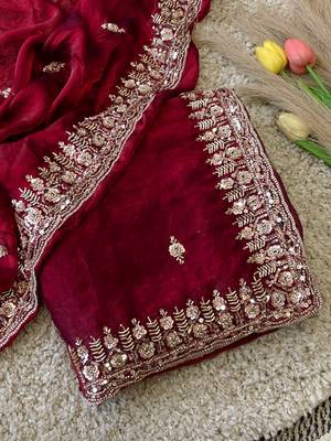 Maroon Color Beeds Work Silk Blend Saree 5