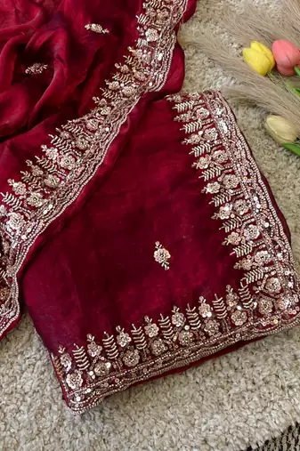 Maroon Color Beeds Work Silk Blend Saree