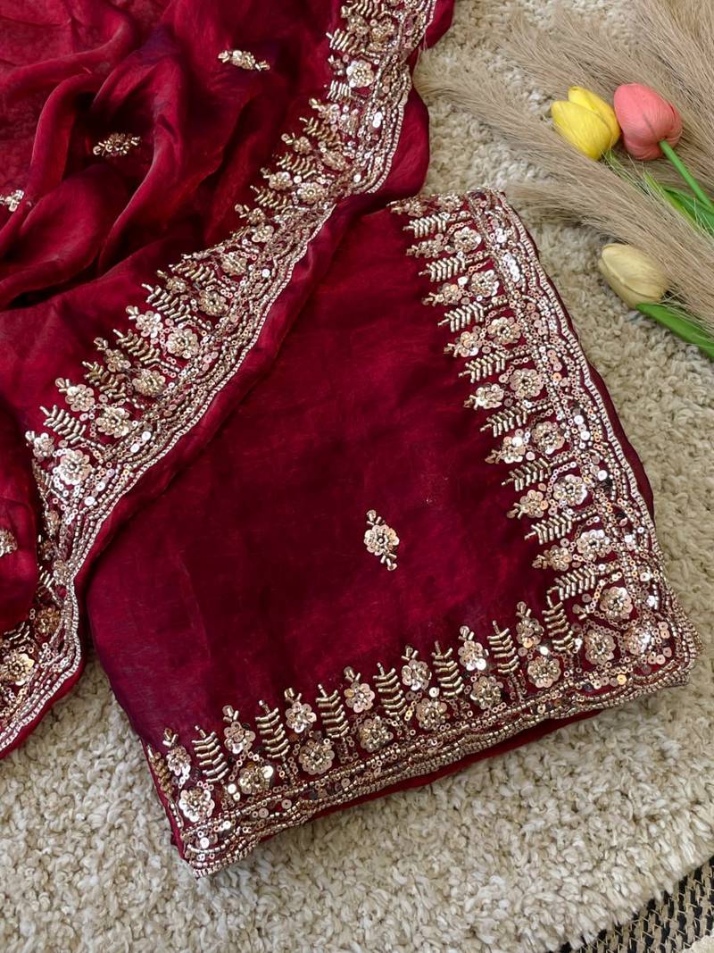 Maroon Color Beeds Work Silk Blend Saree