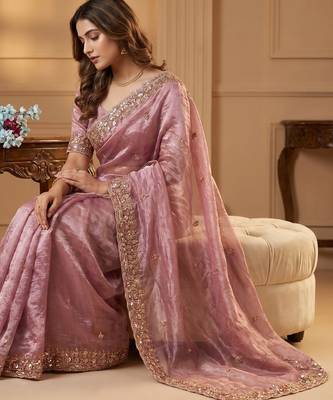 Onion Pink Color Beeds Work Silk Blend Saree 1