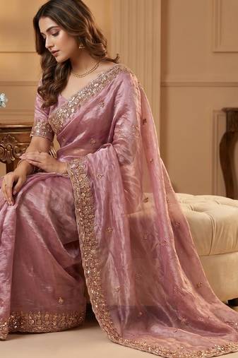 Onion Pink Color Beeds Work Silk Blend Saree