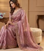 Onion Pink Color Beeds Work Silk Blend Saree