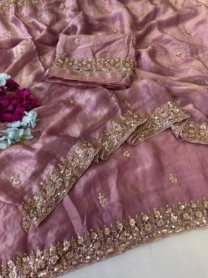 Onion Pink Color Beeds Work Silk Blend Saree 2
