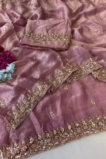 Onion Pink Color Beeds Work Silk Blend Saree