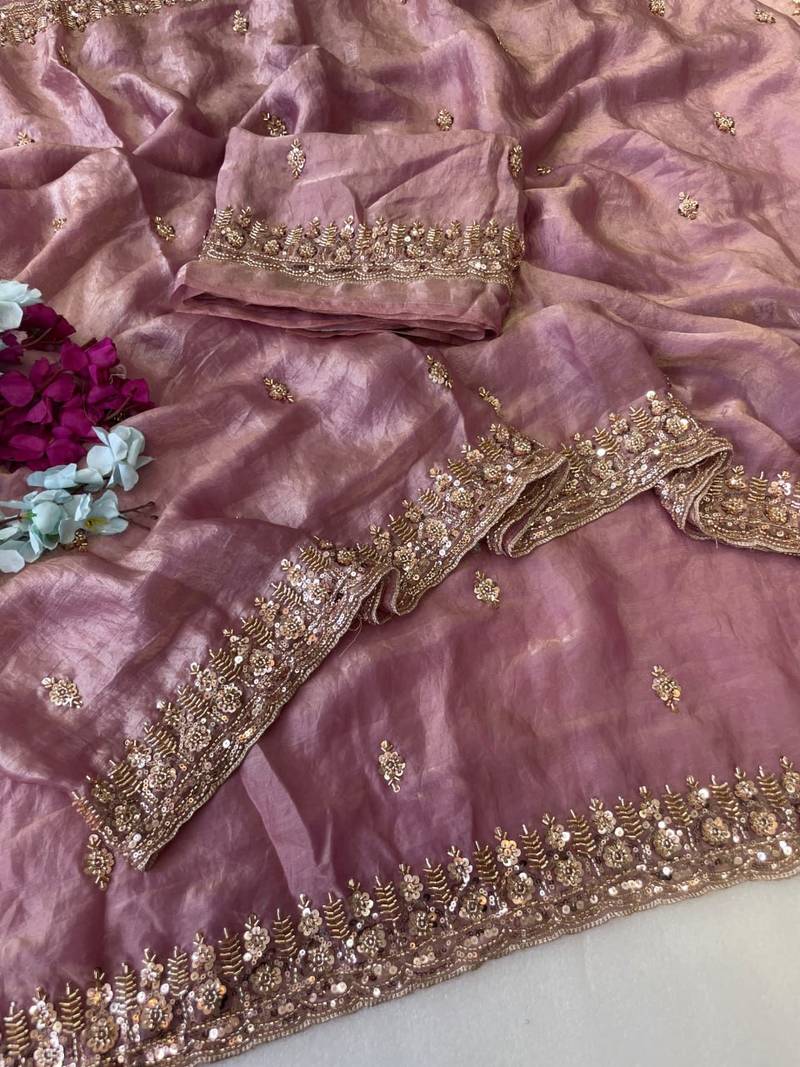 Onion Pink Color Beeds Work Silk Blend Saree