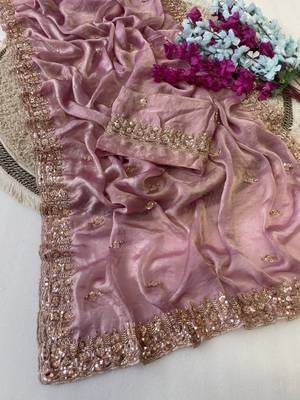 Onion Pink Color Beeds Work Silk Blend Saree 3