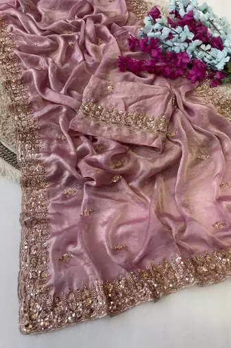 Onion Pink Color Beeds Work Silk Blend Saree