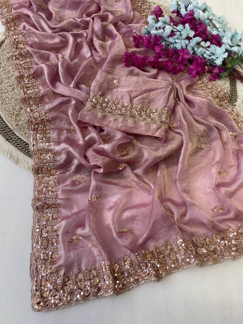 Onion Pink Color Beeds Work Silk Blend Saree