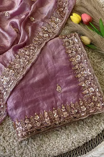 Onion Pink Color Beeds Work Silk Blend Saree