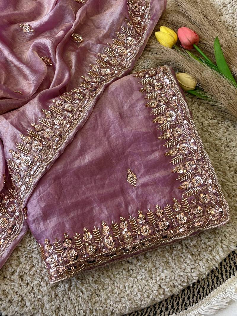 Onion Pink Color Beeds Work Silk Blend Saree