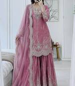 peach color cording embroidery sequin work kurti sharara set
