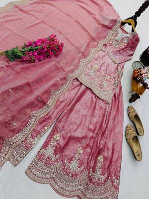 peach color cording embroidery sequin work kurti sharara set 2
