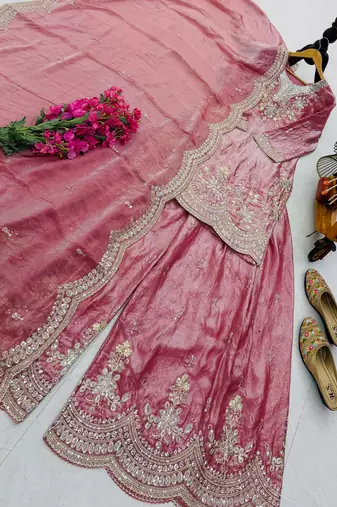 peach color cording embroidery sequin work kurti sharara set