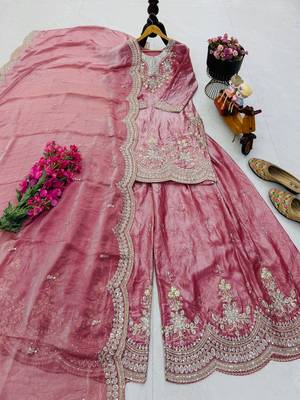 peach color cording embroidery sequin work kurti sharara set 4