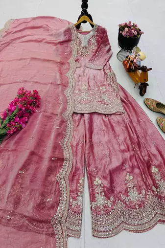 peach color cording embroidery sequin work kurti sharara set