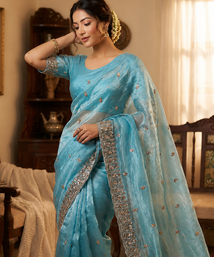 Sky Blue Color Beeds Work Silk Blend Saree