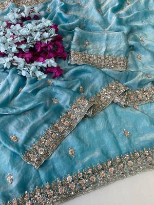 Sky Blue Color Beeds Work Silk Blend Saree 2