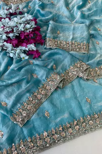 Sky Blue Color Beeds Work Silk Blend Saree