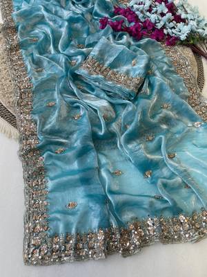 Sky Blue Color Beeds Work Silk Blend Saree 3