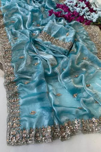 Sky Blue Color Beeds Work Silk Blend Saree