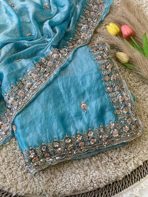 Sky Blue Color Beeds Work Silk Blend Saree 4