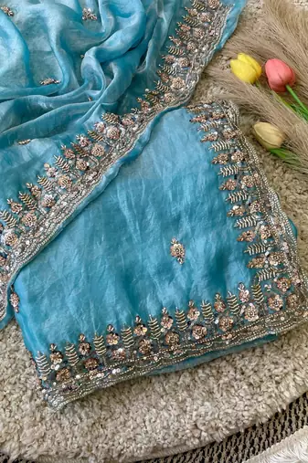 Sky Blue Color Beeds Work Silk Blend Saree