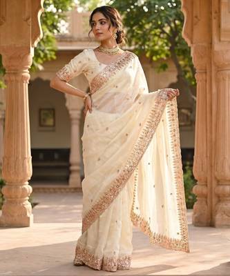 White Color Beeds Work Silk Blend Saree 1