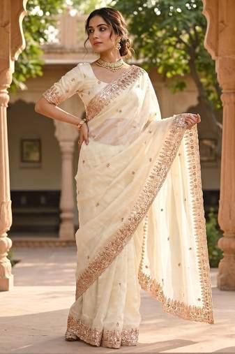 White Color Beeds Work Silk Blend Saree
