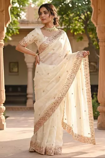 White Color Beeds Work Silk Blend Saree