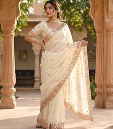 White Color Beeds Work Silk Blend Saree