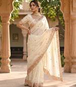 White Color Beeds Work Silk Blend Saree
