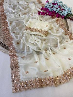 White Color Beeds Work Silk Blend Saree 2