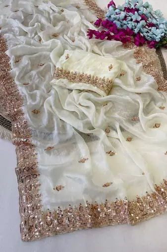 White Color Beeds Work Silk Blend Saree