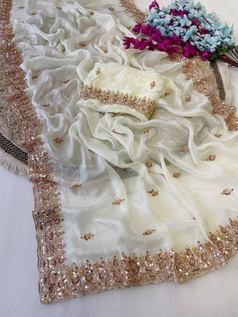 White Color Beeds Work Silk Blend Saree