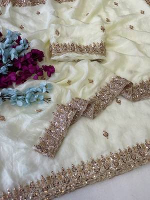 White Color Beeds Work Silk Blend Saree 3