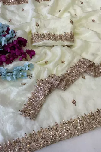 White Color Beeds Work Silk Blend Saree